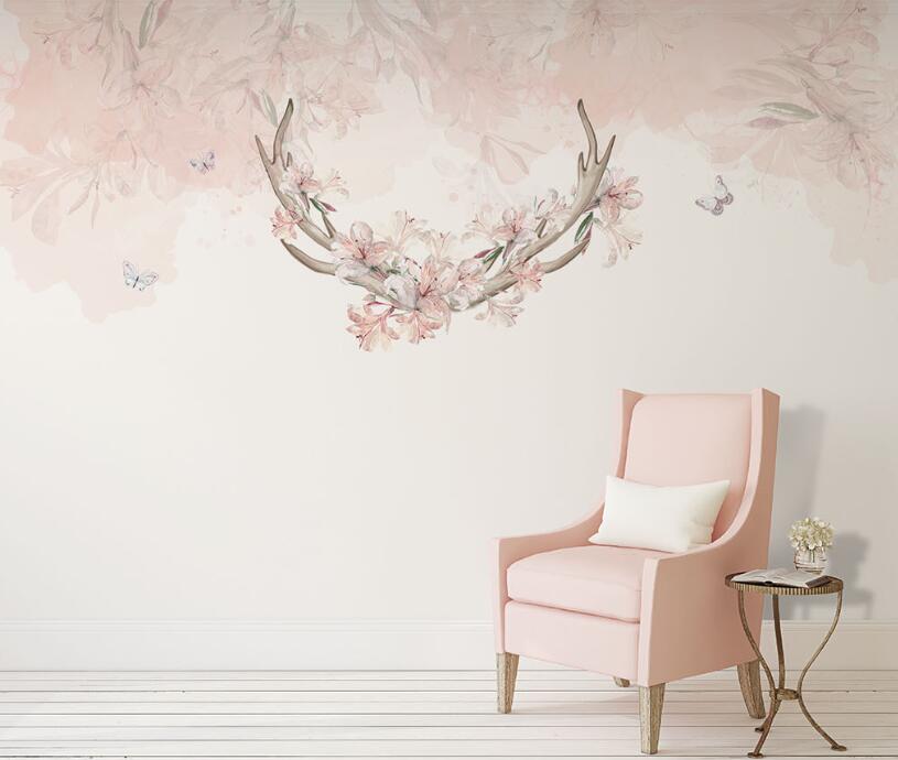 3D Antlers Entwined By Flowers 877 Wall Murals