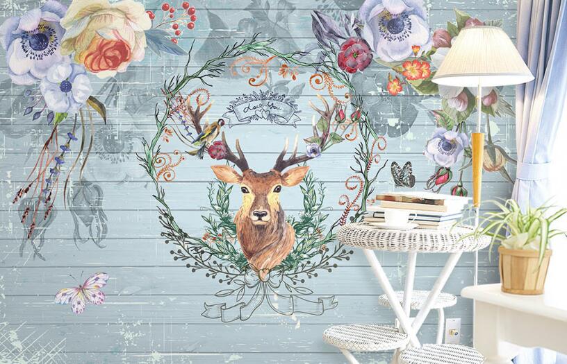 3D Deer Surrounded By Flowers 863 Wall Murals