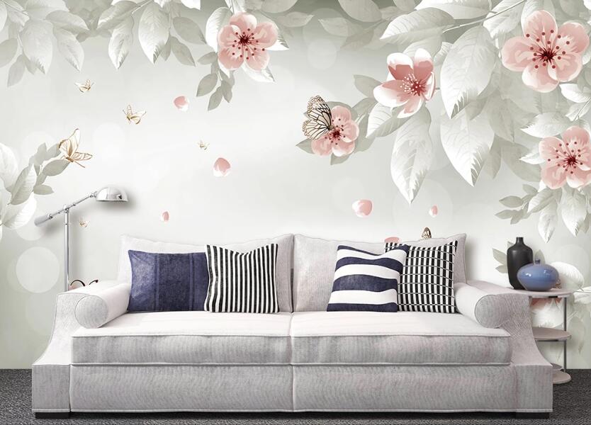 3D Pink White Flowers 030 Wall Murals