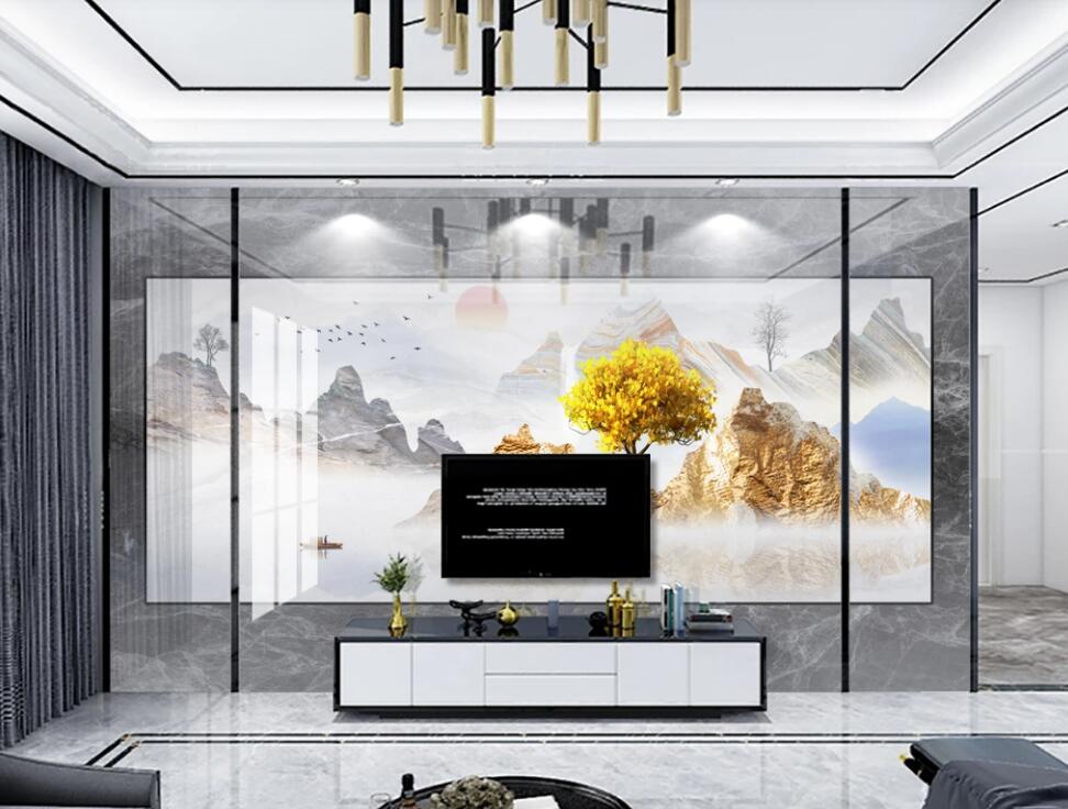 3D Golden Mountain Trees 349 Wall Murals