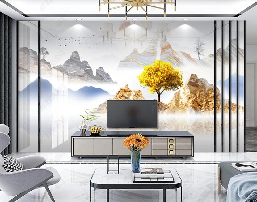 3D Fog Golden Mountain 324 Wall Murals