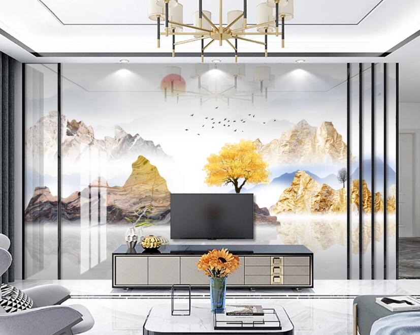 3D Fog Golden Mountain 322 Wall Murals