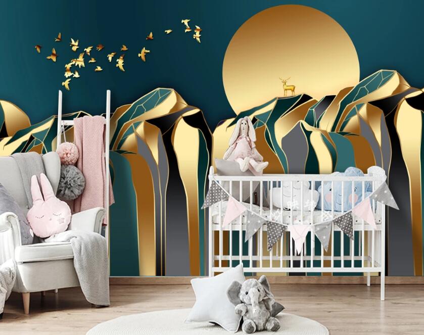 3D Golden Mountain Full Moon 319 Wall Murals