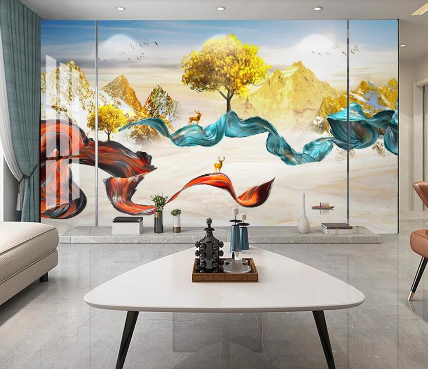 3D Golden Mountain Trees 221 Wall Murals