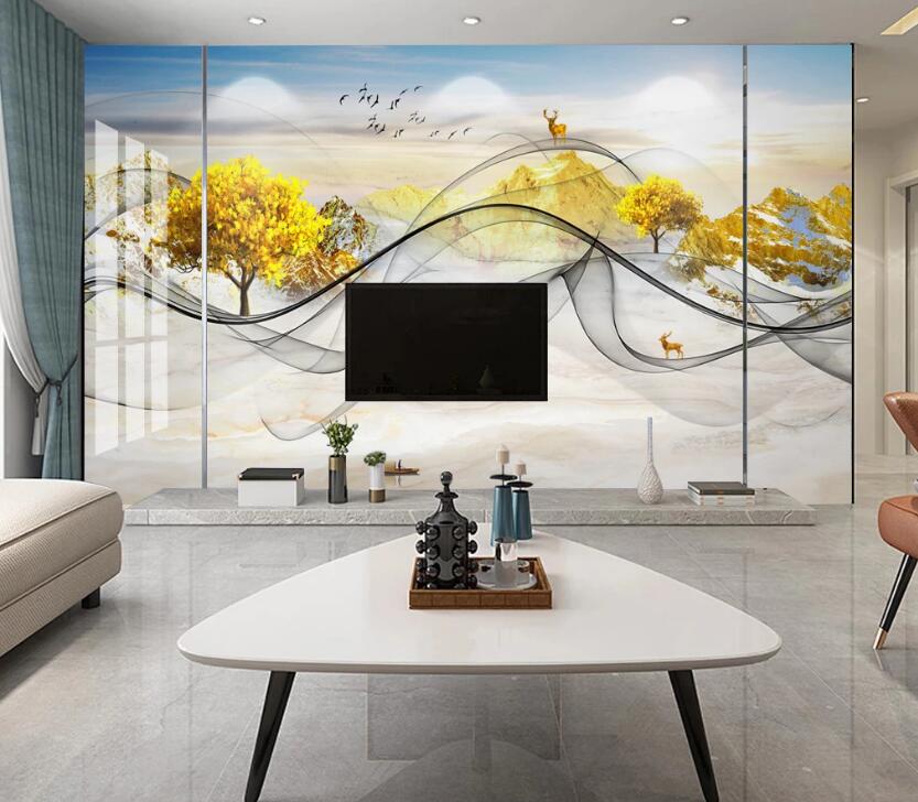 3D Yellow Mountain Trees 131 Wall Murals