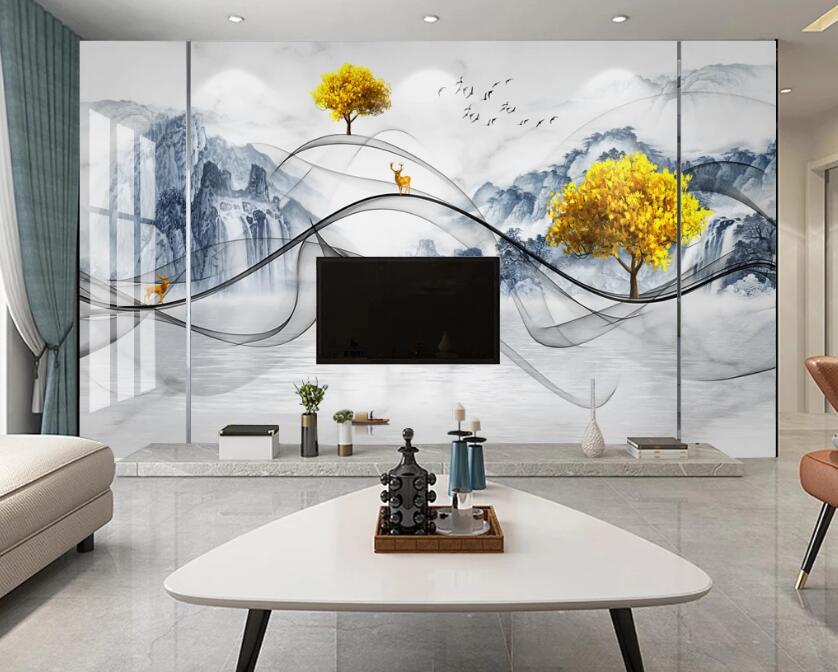 3D Blue Mountain Trees 130 Wall Murals
