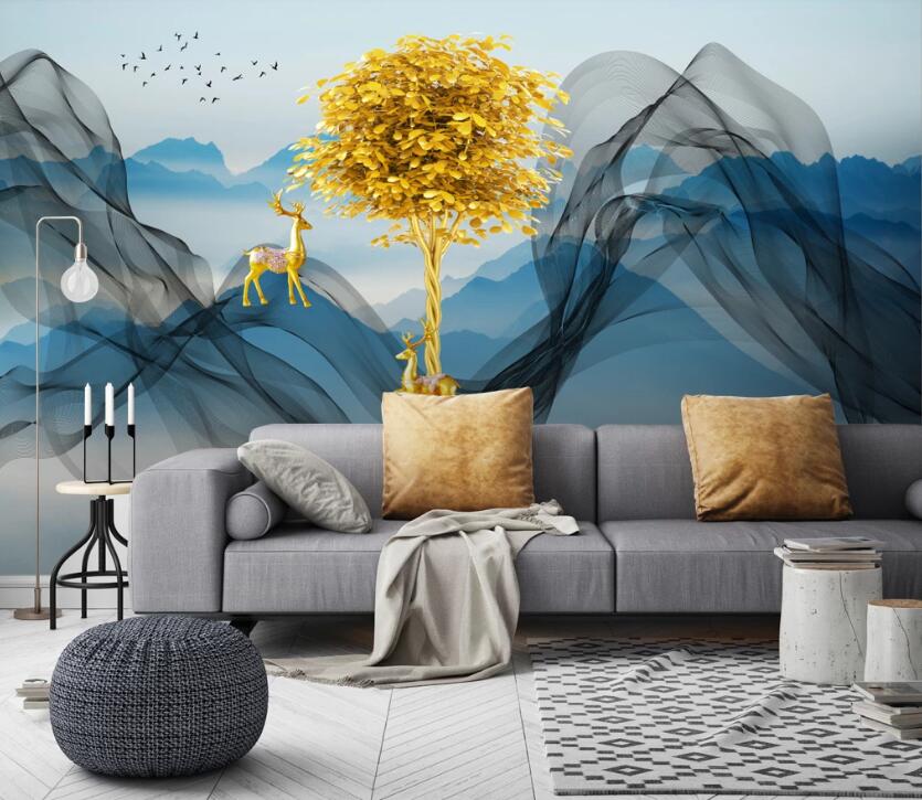 3D Golden Tree And Golden Deer 841 Wall Murals