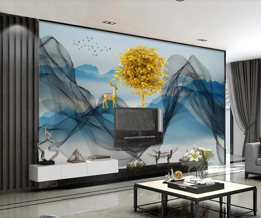 3D Golden Tree And Golden Deer 841 Wall Murals