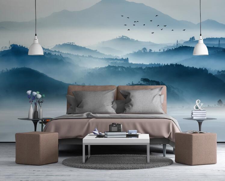 3D Blue Mountains Clouds 446 Wall Murals