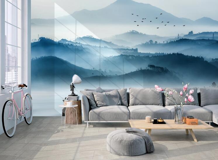 3D Blue Mountains Clouds 446 Wall Murals