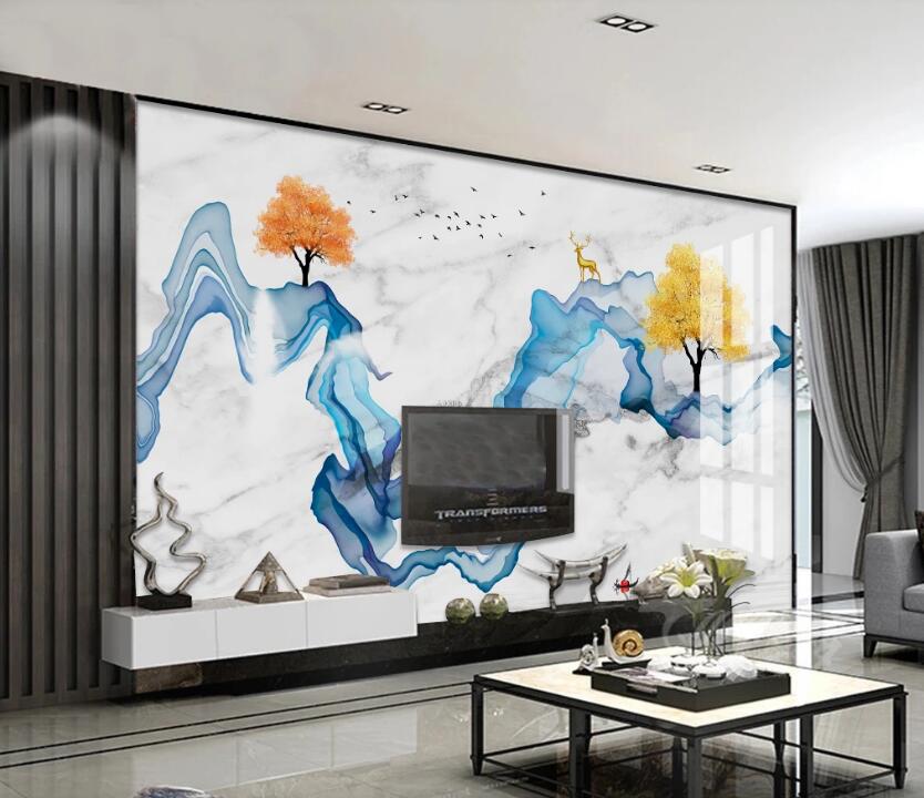 3D Blue Ribbon Gold Deer 731 Wall Murals