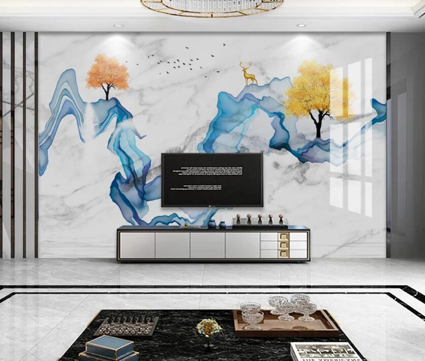 3D Blue Ribbon Gold Deer 731 Wall Murals