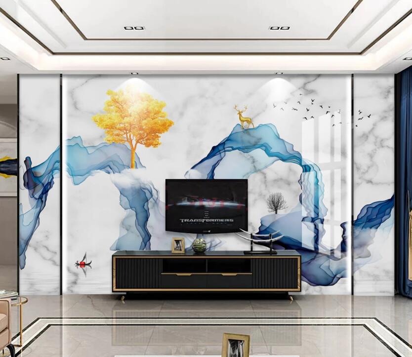 3D Blue Ribbon Golden Tree 728 Wall Murals