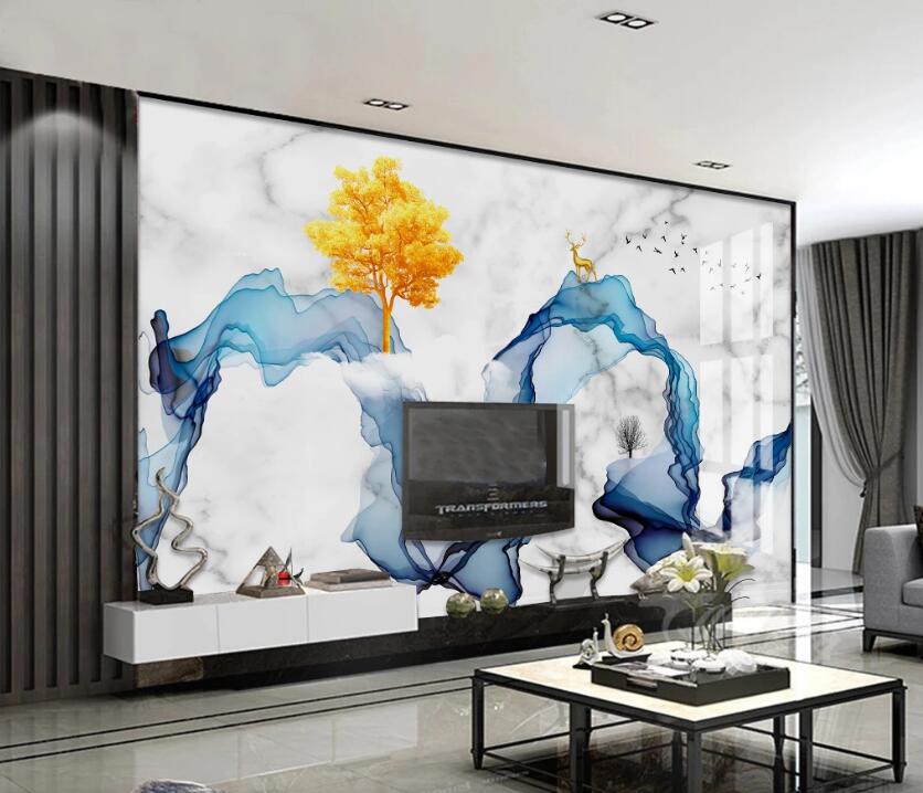 3D Blue Ribbon Golden Tree 728 Wall Murals