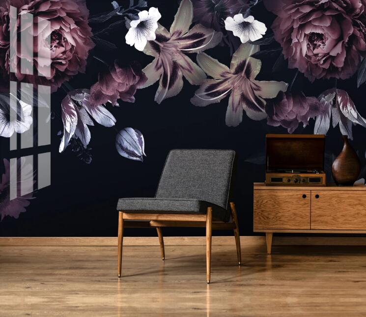 3D Dark Night Flowers 433 Wall Murals