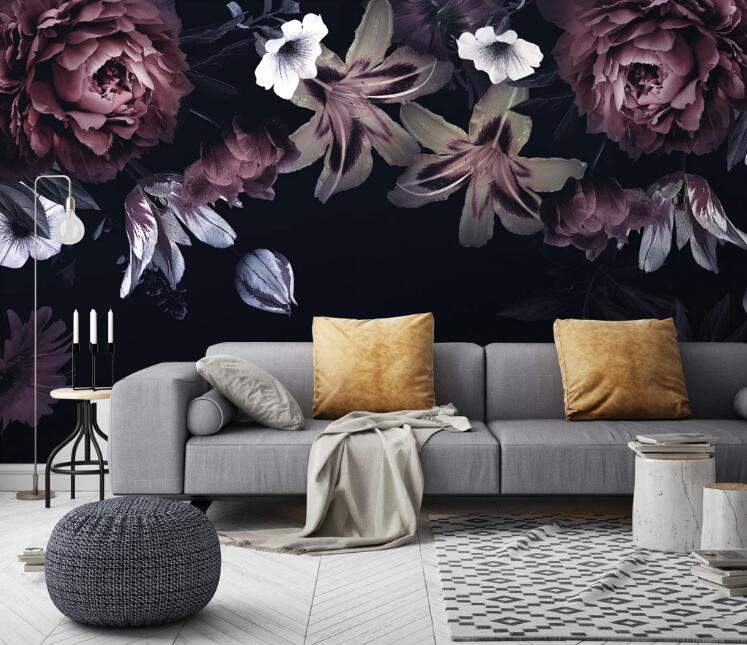 3D Dark Night Flowers 433 Wall Murals