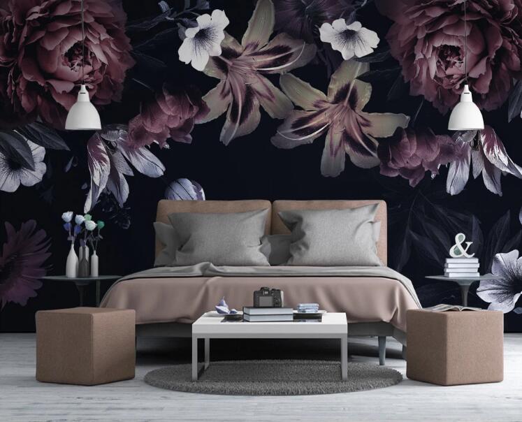 3D Dark Night Flowers 433 Wall Murals