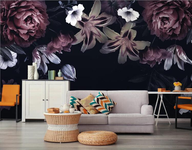 3D Dark Night Flowers 433 Wall Murals
