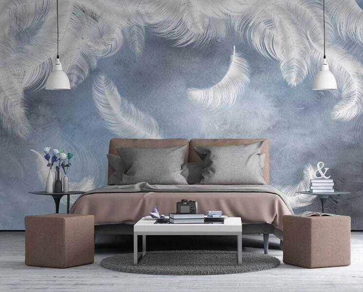 3D Falling White Feathers 406 Wall Murals