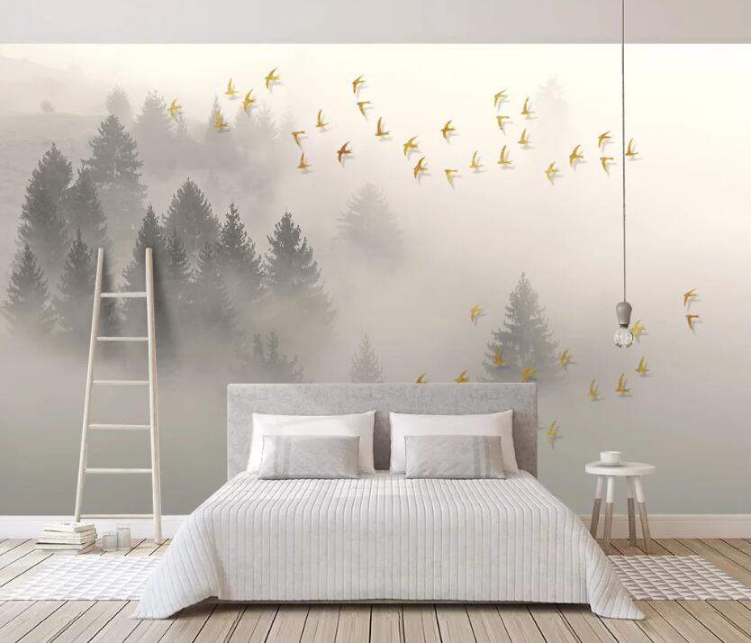 3D Golden Bird Flock 638 Wall Murals