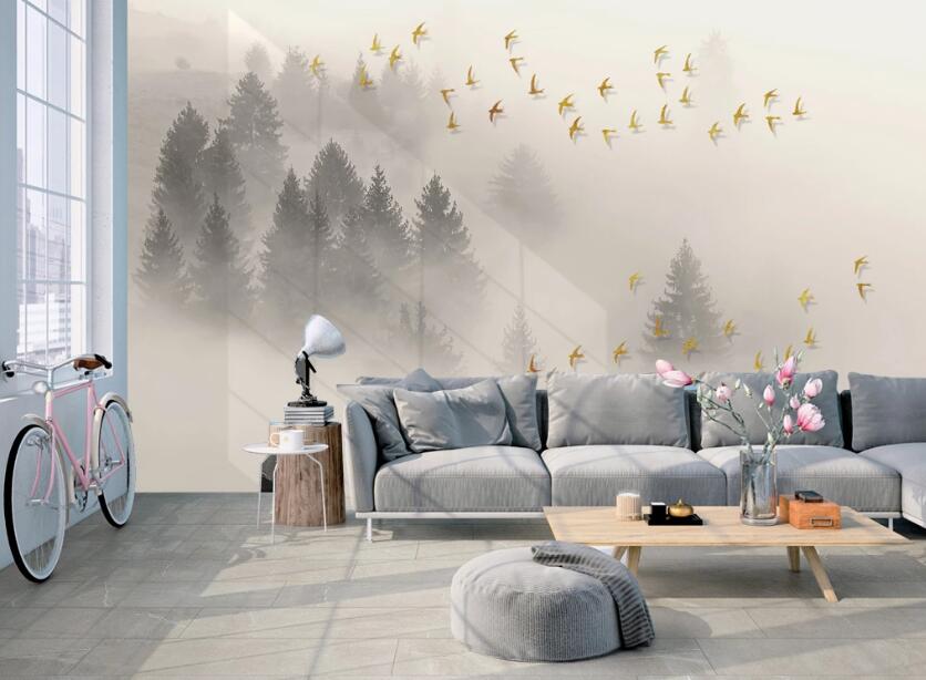 3D Golden Bird Flock 638 Wall Murals