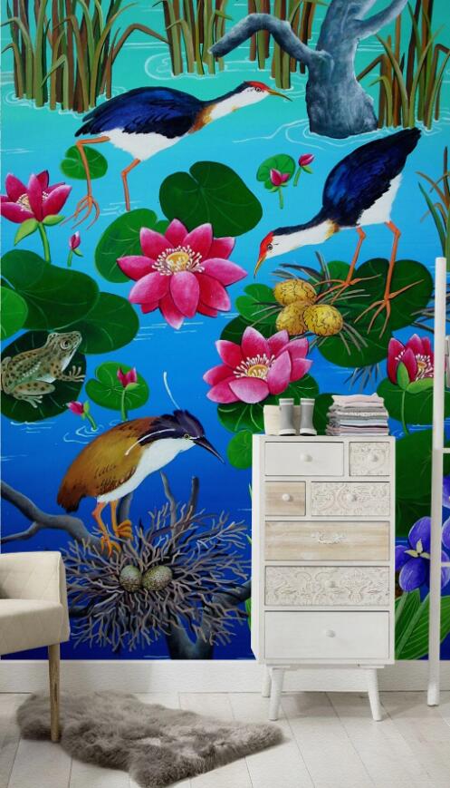 3D Birds On Lotus Leaf 824 Wall Murals