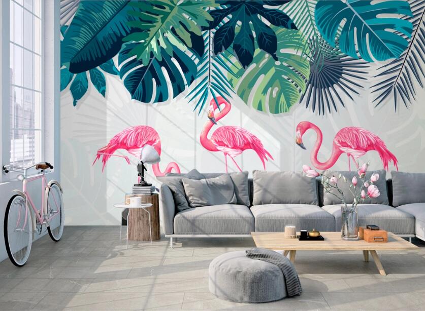 3D Dark Leaves And Love Flamingos 470 Wall Murals