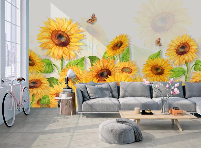 3D Butterfly Sunflower 463 Wall Murals