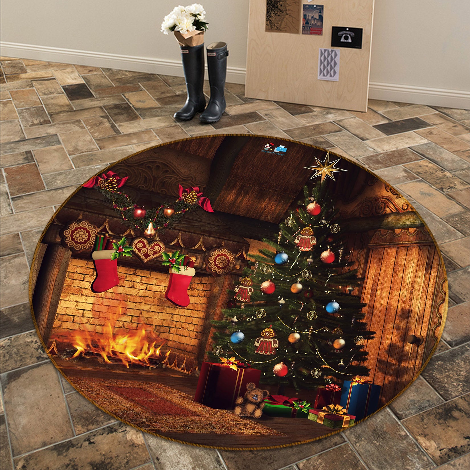 3D Fireplace Tree 56029 Christmas Round Non Slip Rug Mat Xmas