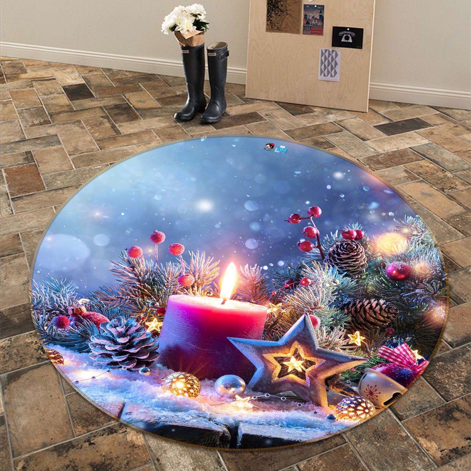 3D Red Candle 56097 Christmas Round Non Slip Rug Mat Xmas