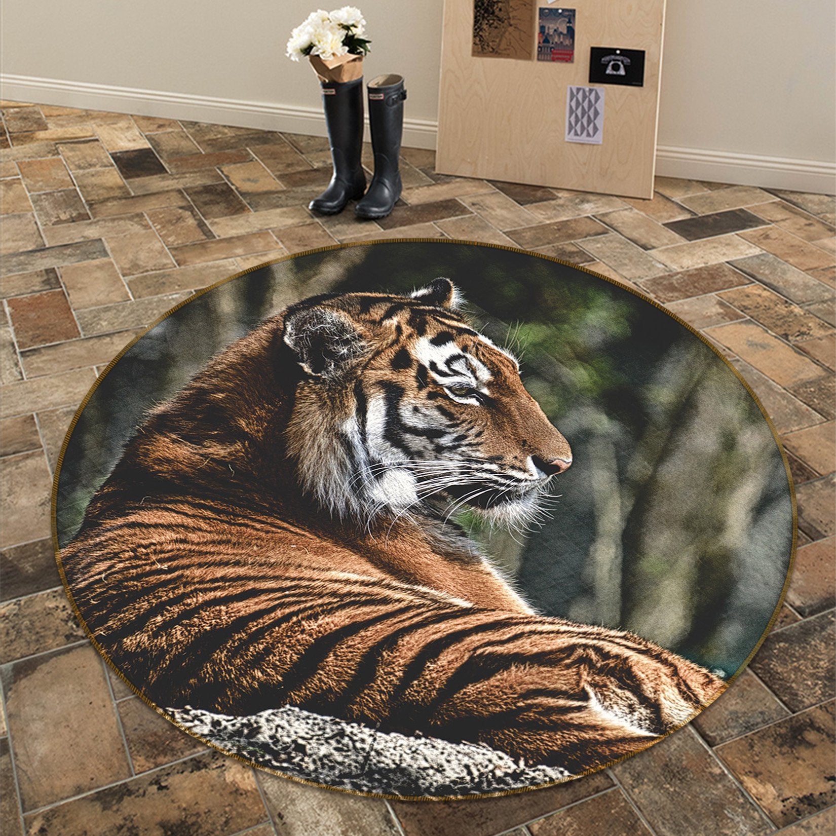 3D Tiger Turned 107 Animal Round Non Slip Rug Mat Mat AJ Creativity Home 
