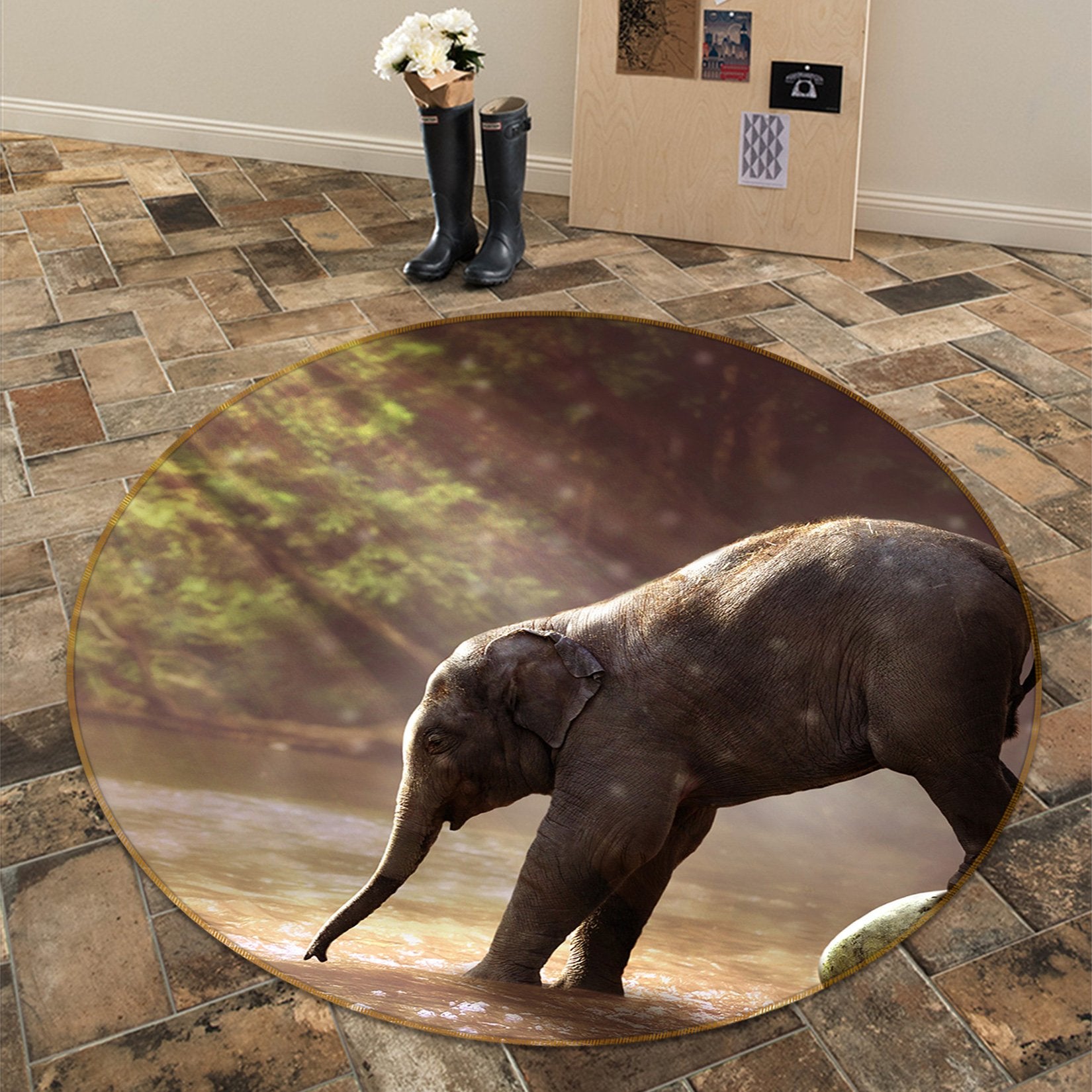 3D Baby Elephant 035 Animal Round Non Slip Rug Mat Mat AJ Creativity Home 