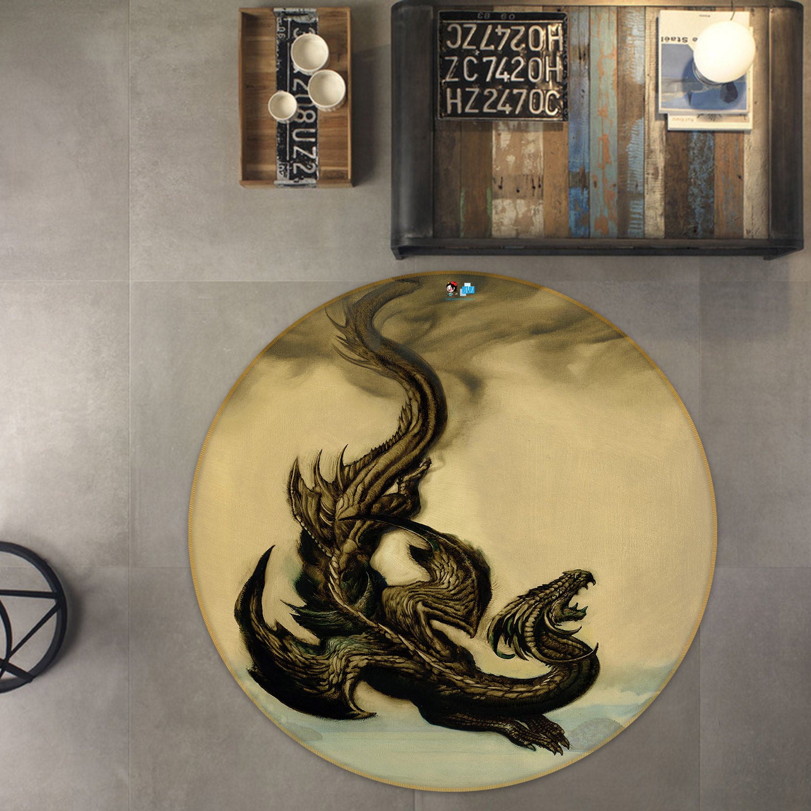 3D Black Dragon 6130 Ciruelo Rug Round Non Slip Rug Mat