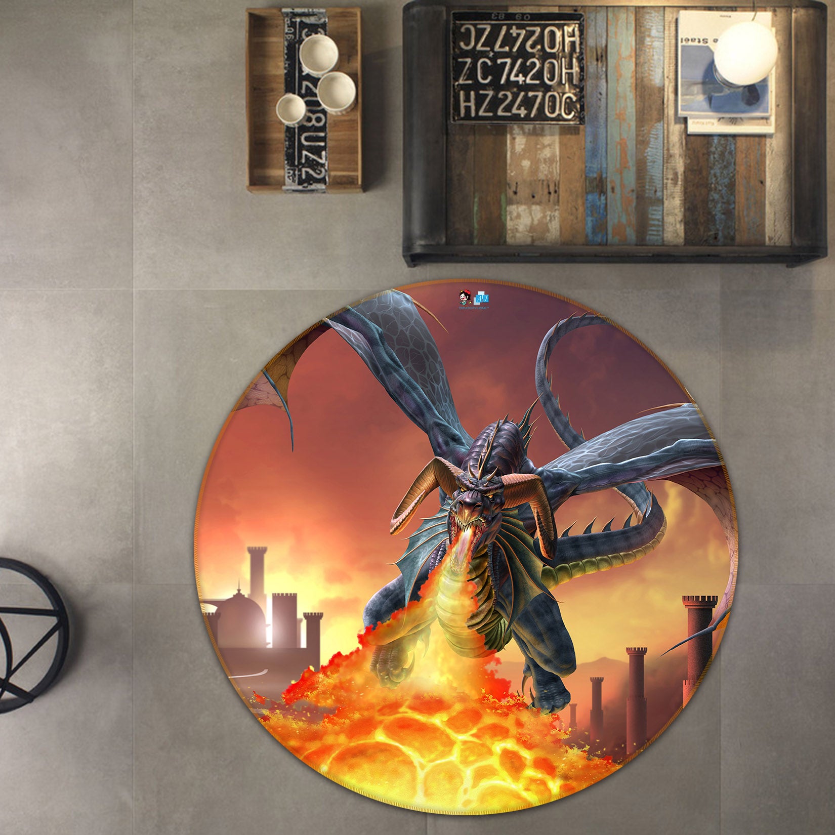 3D Flying Dragon Spitfire 4174 Tom Wood Rug Round Non Slip Rug Mat