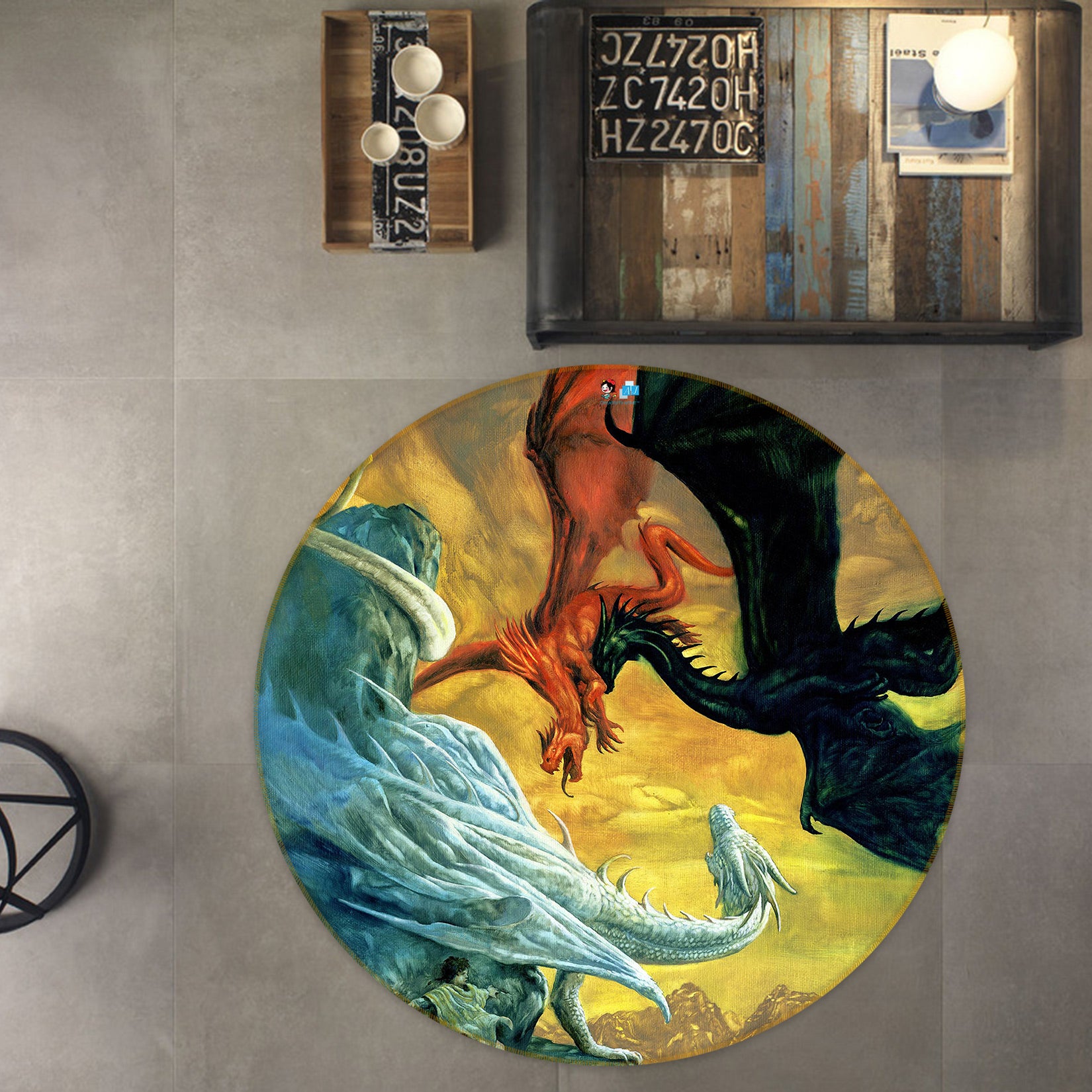 3D White Black Red Dragon 6116 Ciruelo Rug Round Non Slip Rug Mat