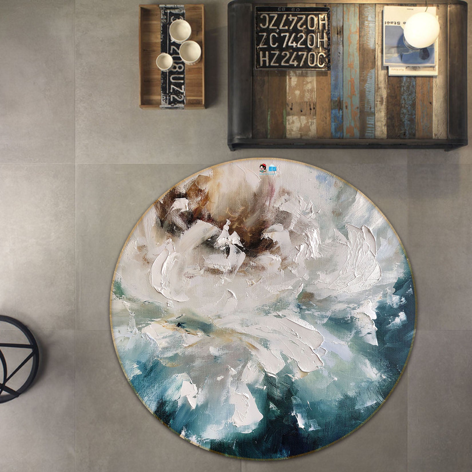 3D White Flower 904 Skromova Marina Rug Round Non Slip Rug Mat