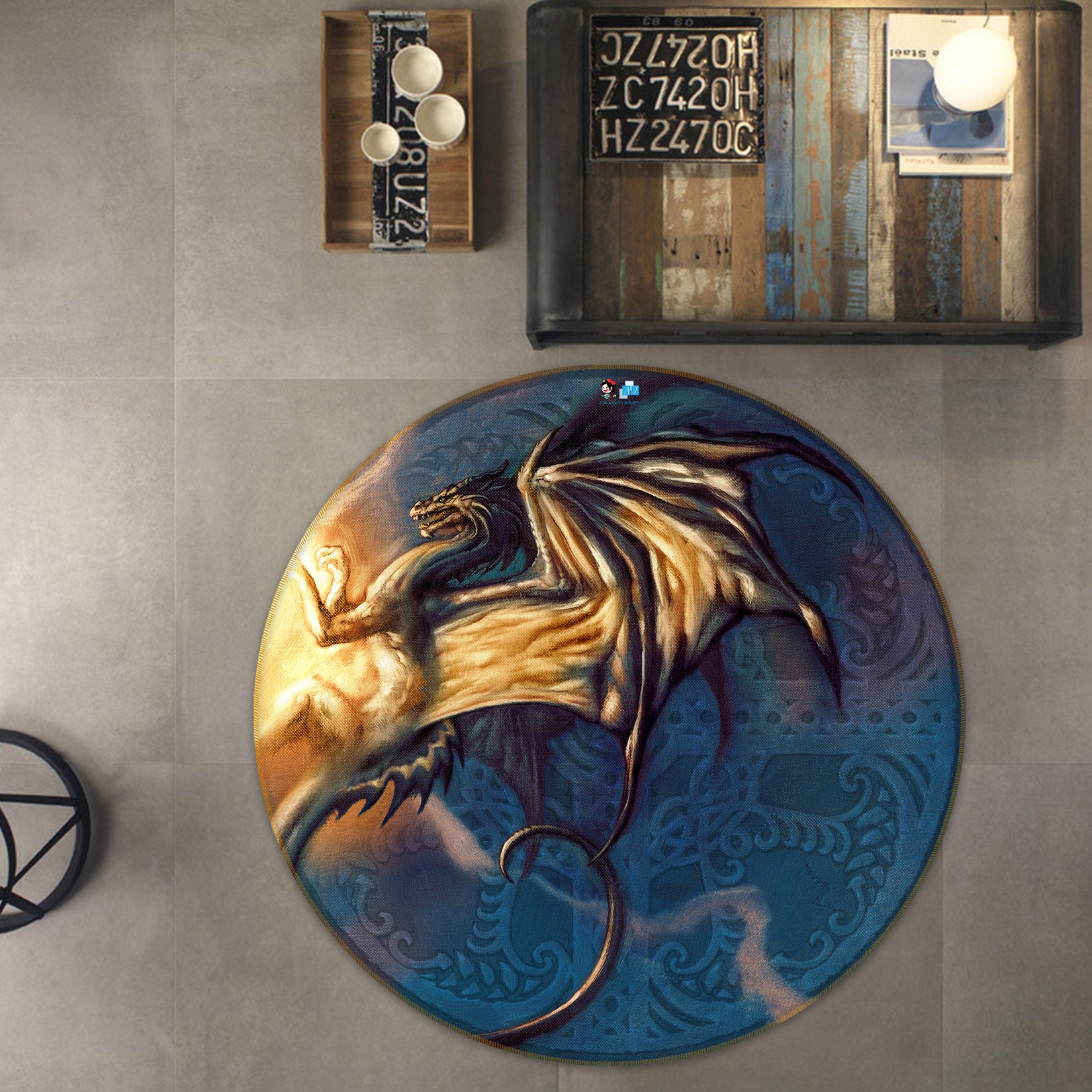 3D Texture Dragon 6140 Ciruelo Rug Round Non Slip Rug Mat