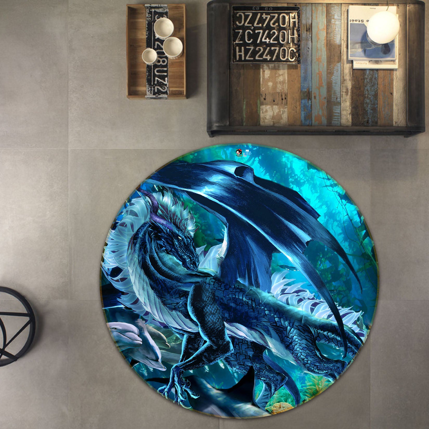 3D Blue Dragon 8358 Ruth Thompson Rug Round Non Slip Rug Mat
