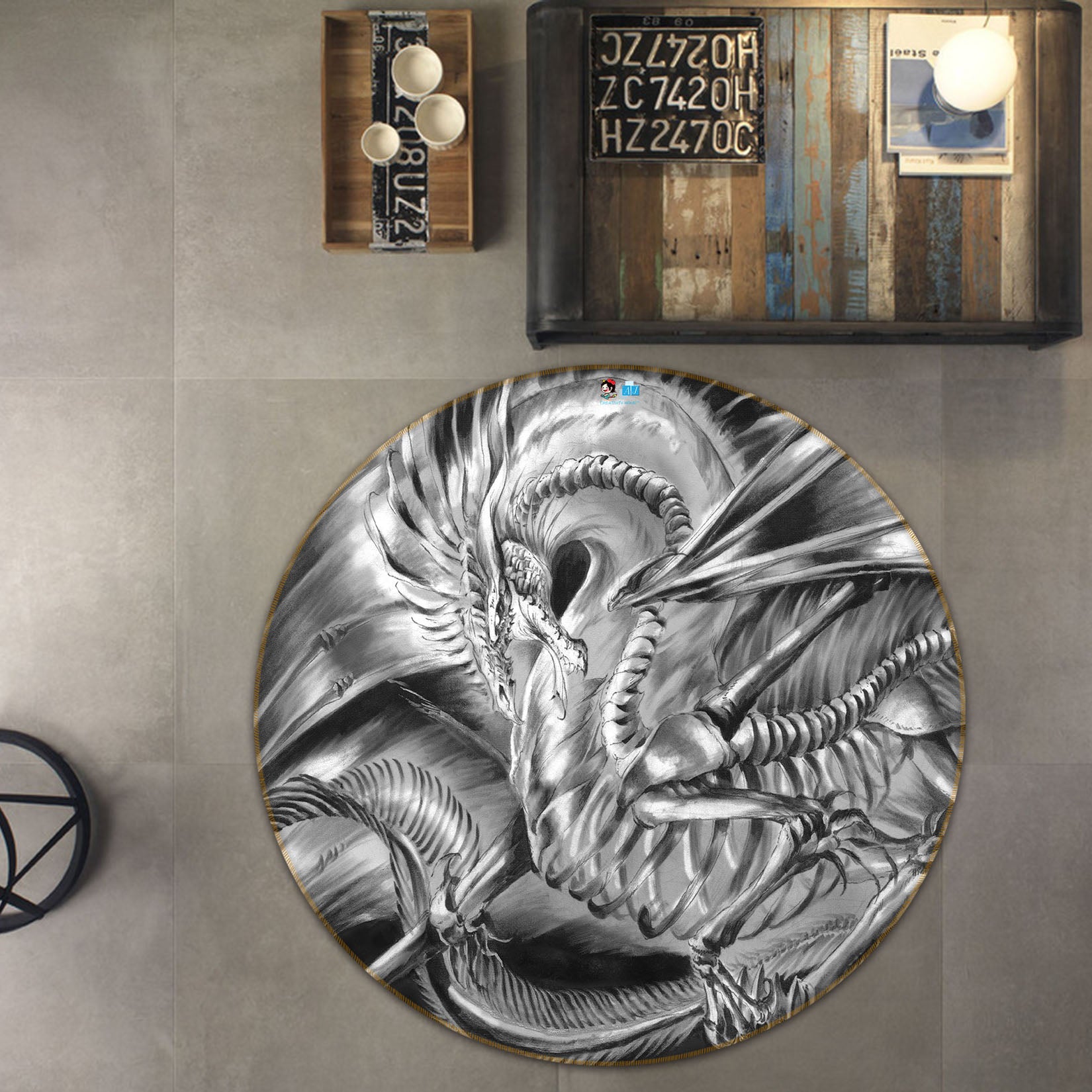 3D Gray Dragon 8361 Ruth Thompson Rug Round Non Slip Rug Mat