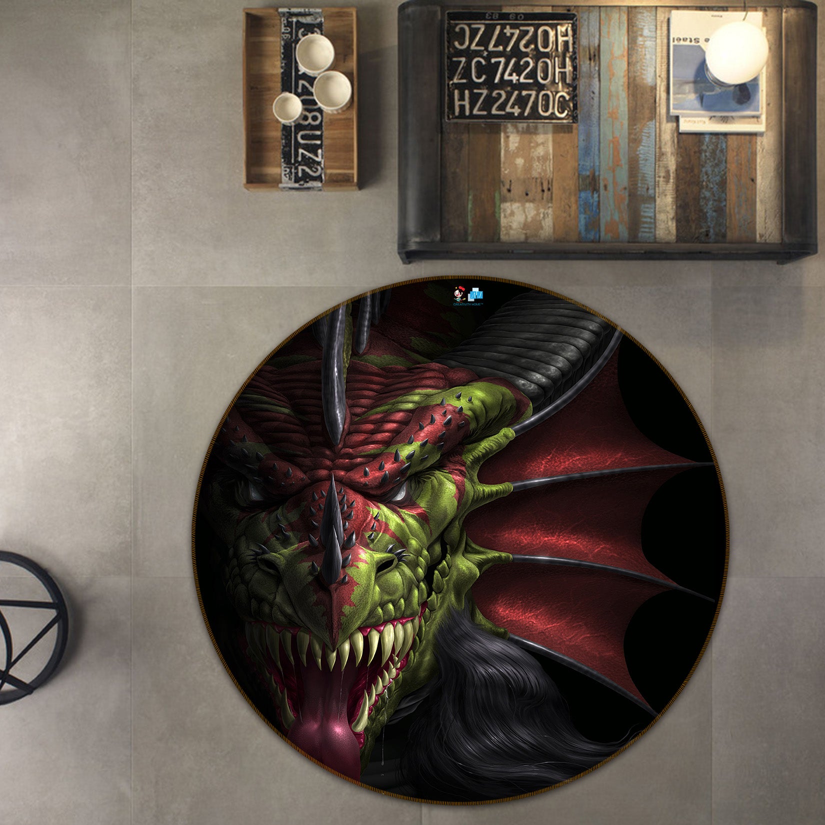 3D Dragon 4183 Tom Wood Rug Round Non Slip Rug Mat