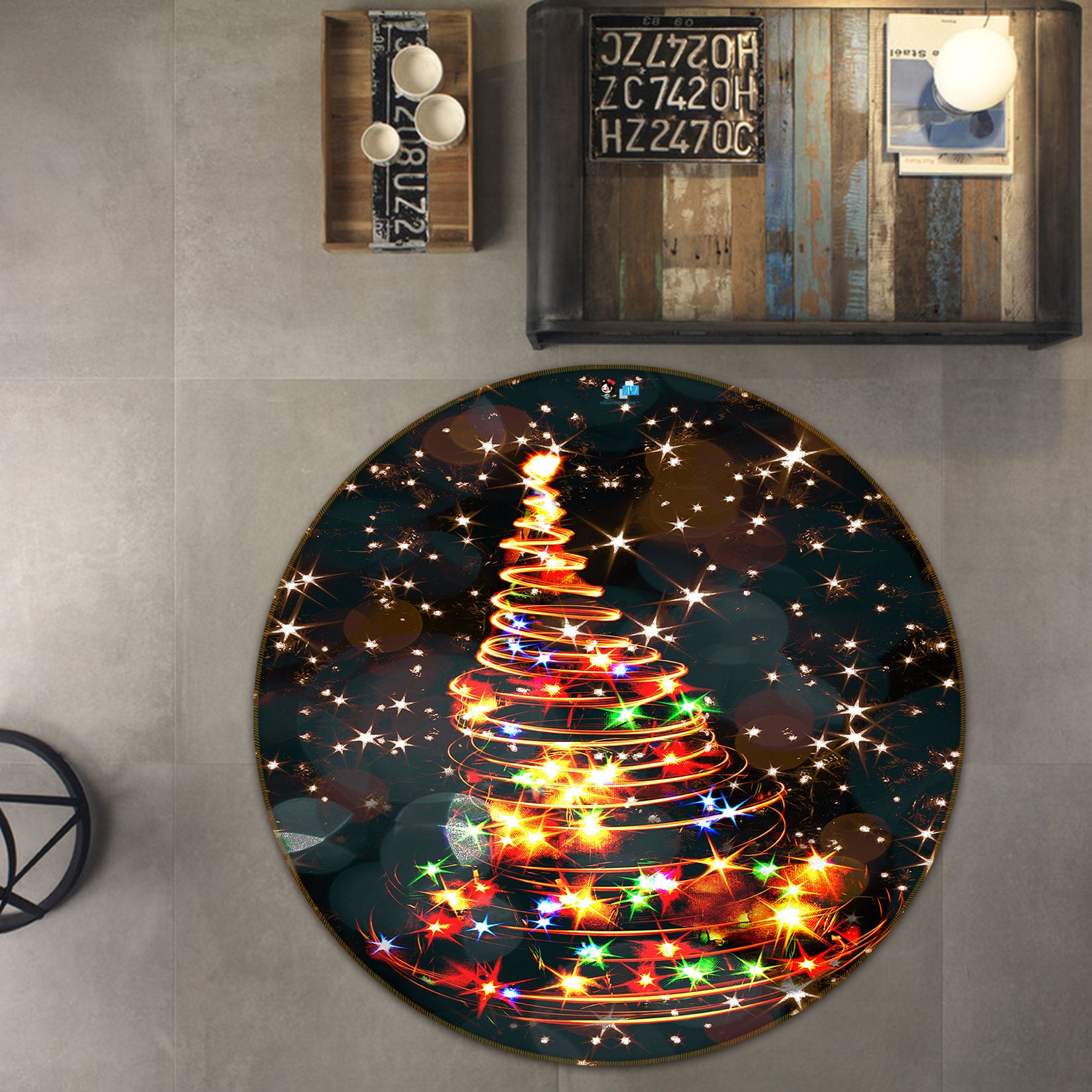 3D Colored Lights Tree 56067 Christmas Round Non Slip Rug Mat Xmas