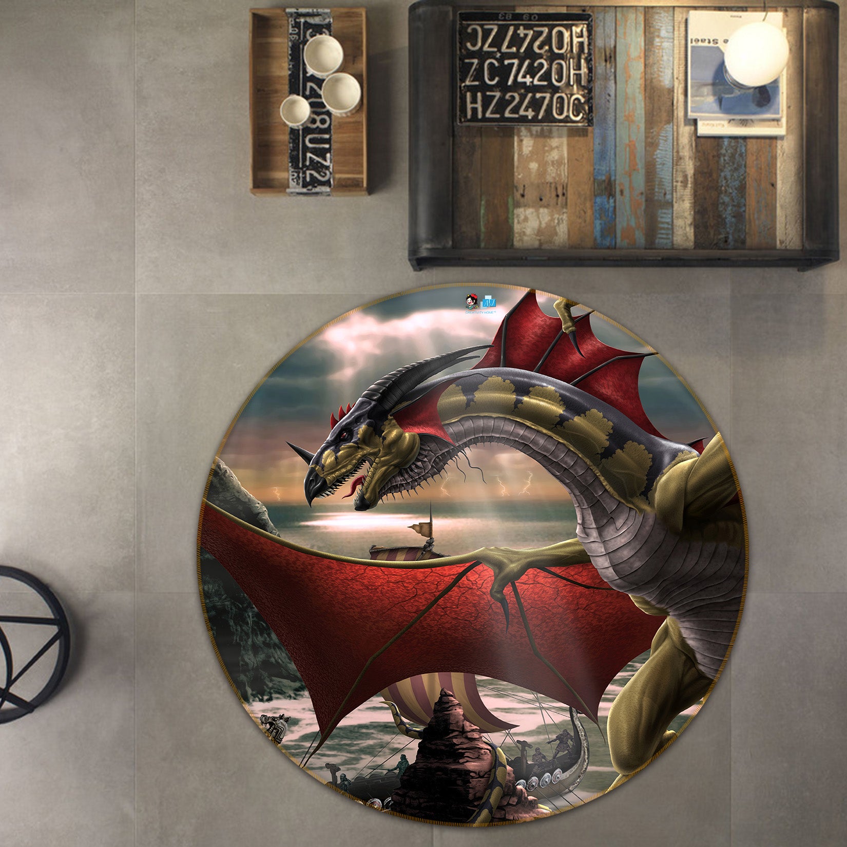 3D Dragon Wing 4167 Tom Wood Rug Round Non Slip Rug Mat