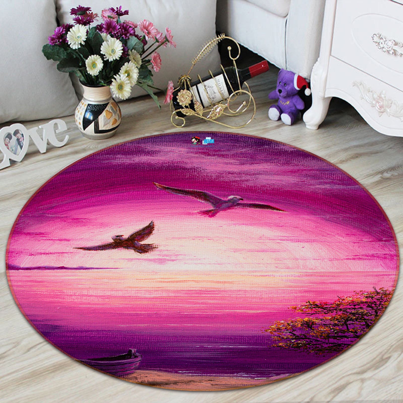 3D Pink Sky Eagle 18141 Marina Zotova Rug Round Non Slip Rug Mat