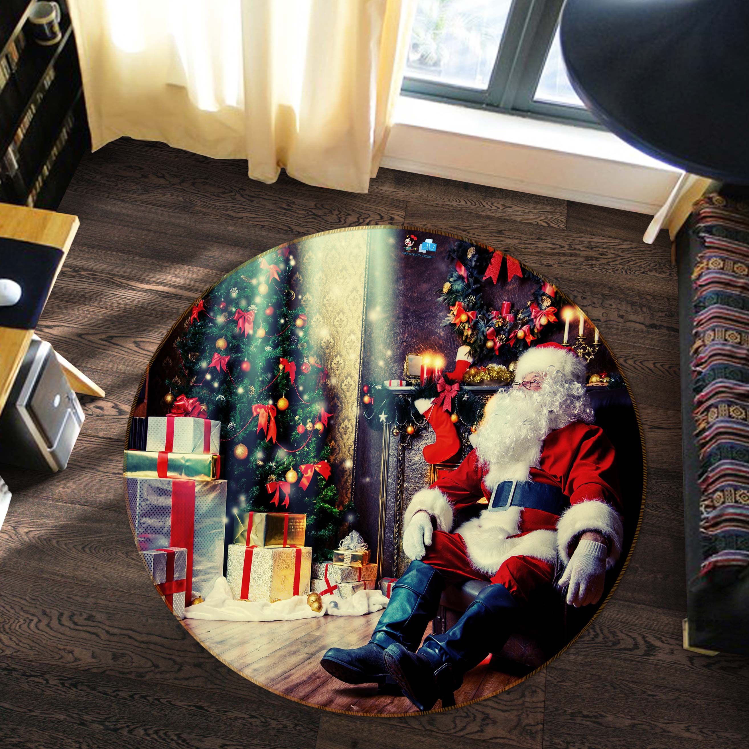 3D Santa Gift 55173 Christmas Round Non Slip Rug Mat Xmas