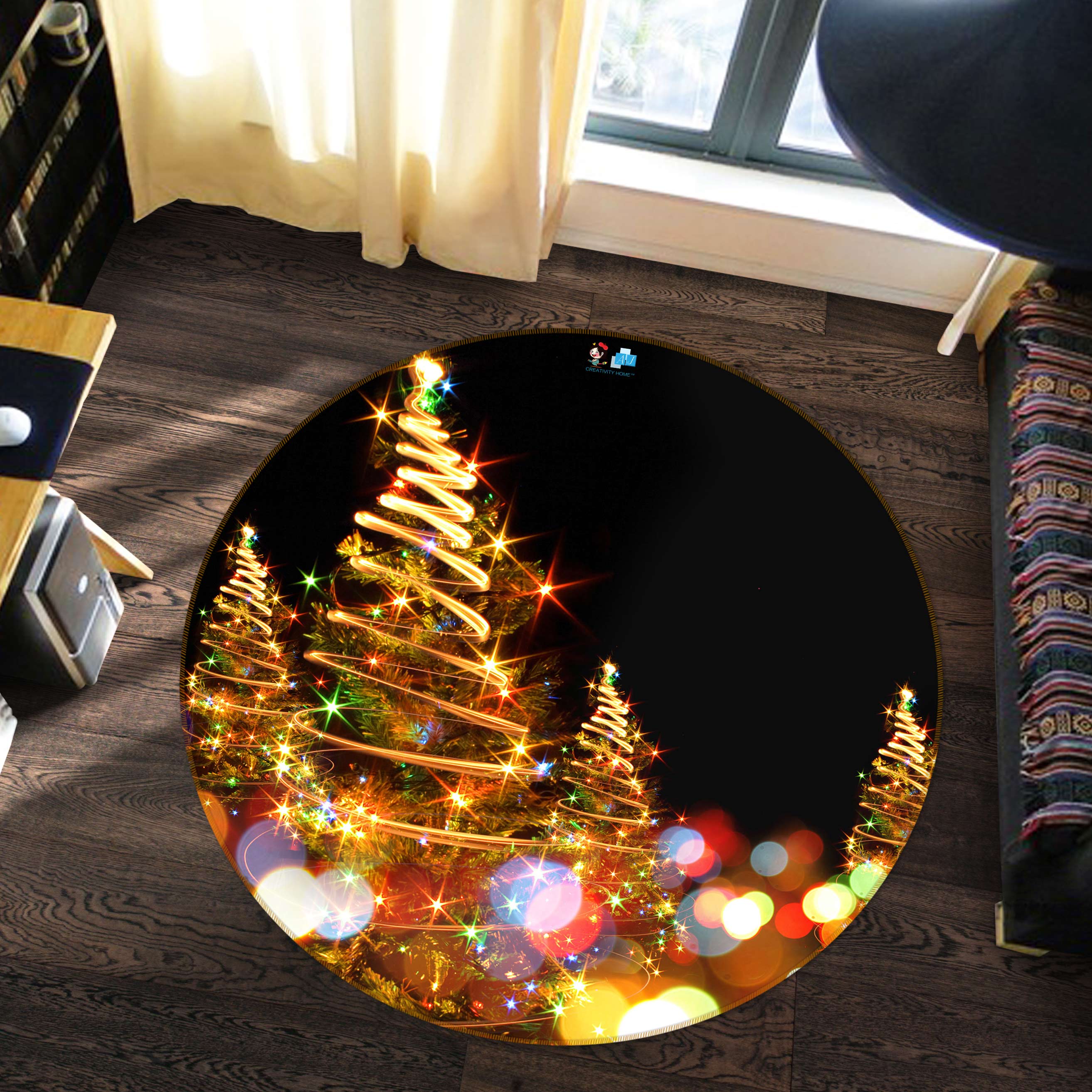 3D Colored Lights Tree 55164 Christmas Round Non Slip Rug Mat Xmas