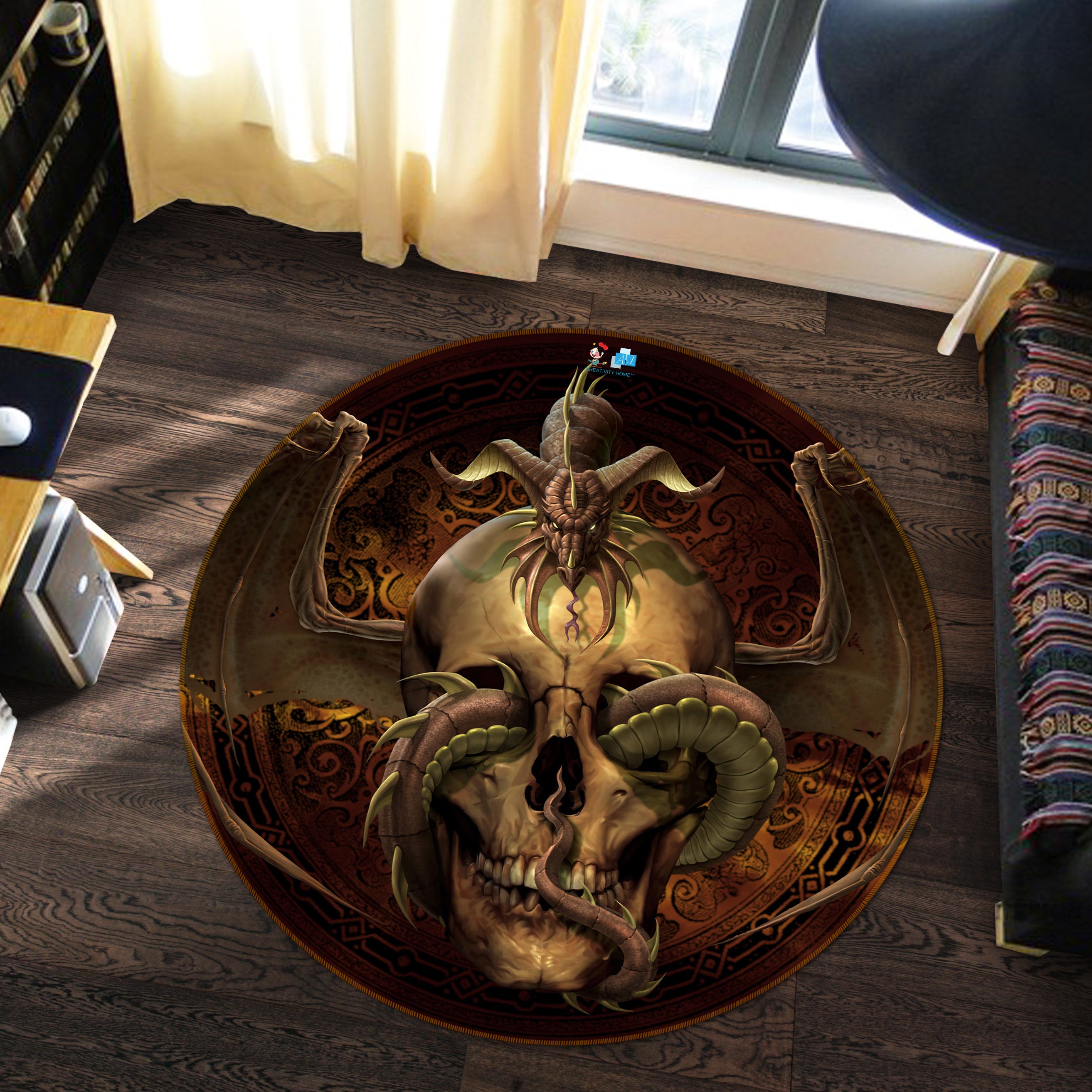 3D Skull Dragon 4173 Tom Wood Rug Round Non Slip Rug Mat