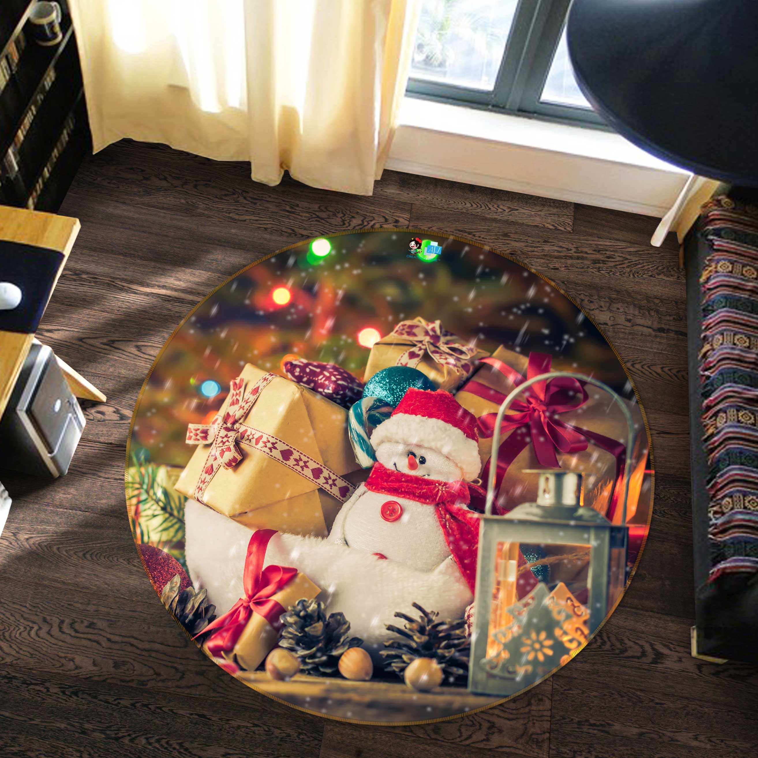 3D Gift Snowman Doll 55187 Christmas Round Non Slip Rug Mat Xmas