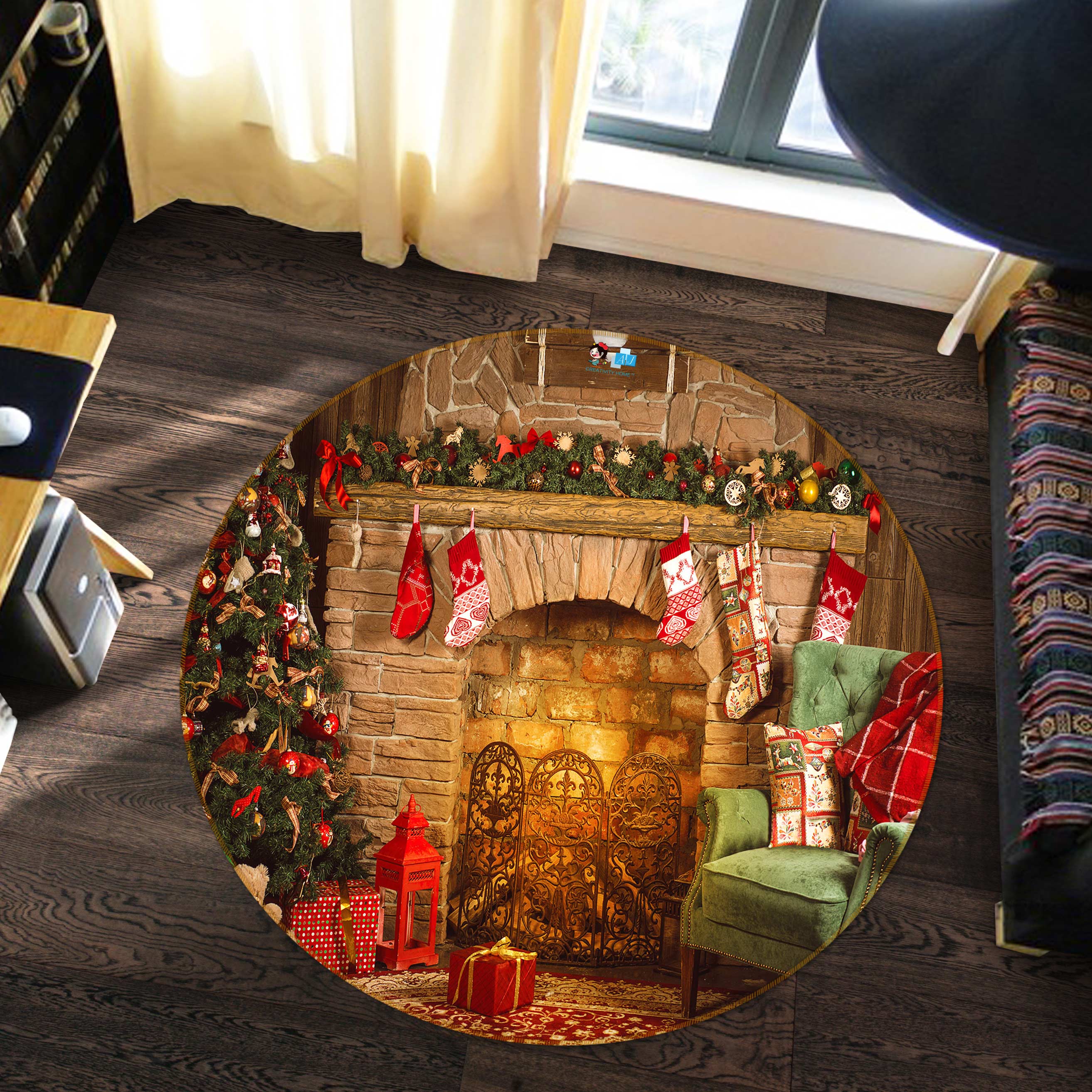 3D Fireplace Sofa 55196 Christmas Round Non Slip Rug Mat Xmas