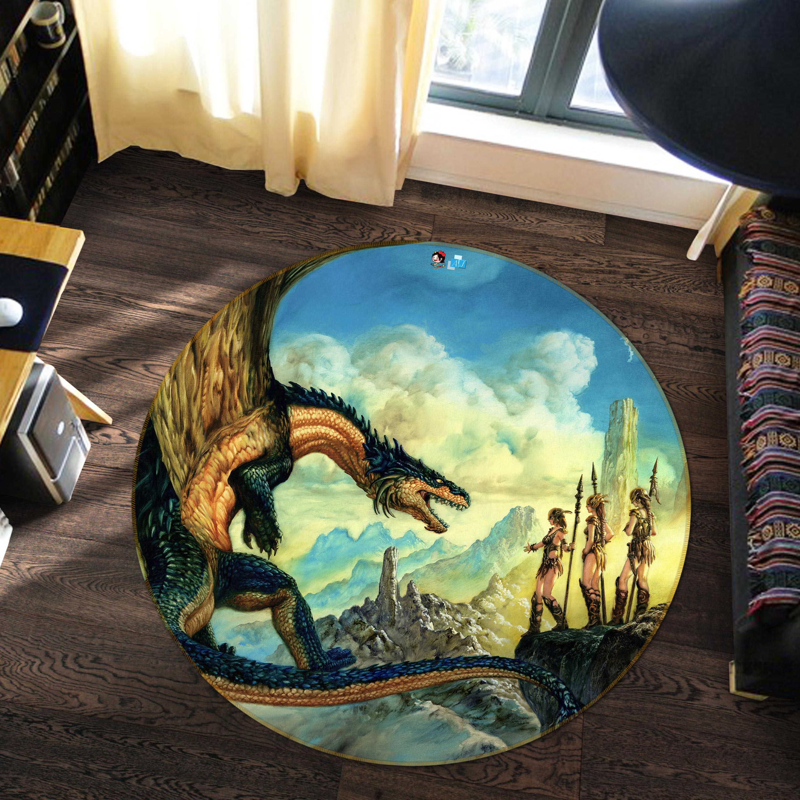 3D Dragon Female Warrior 6135 Ciruelo Rug Round Non Slip Rug Mat