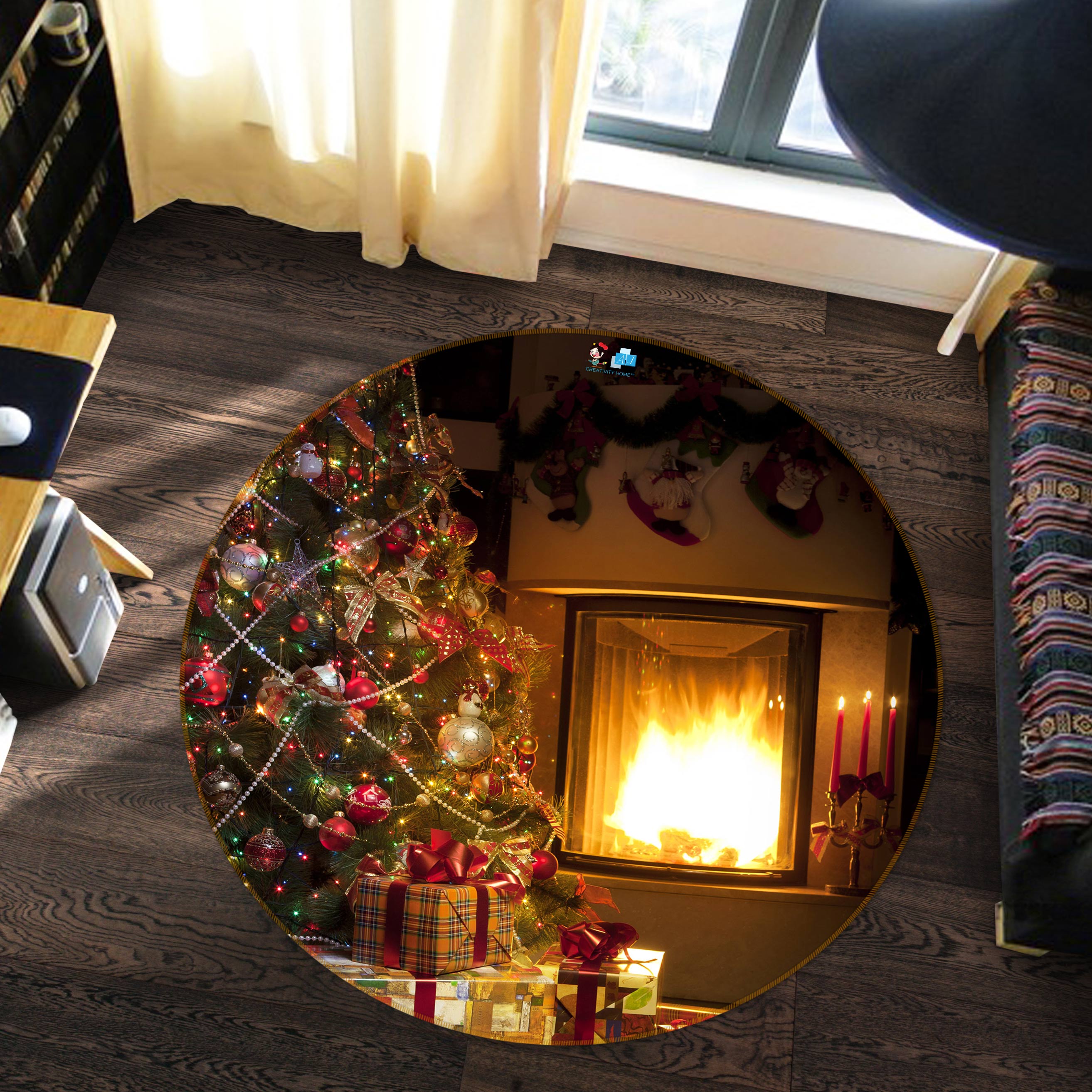 3D Tree Fireplace 55162 Christmas Round Non Slip Rug Mat Xmas